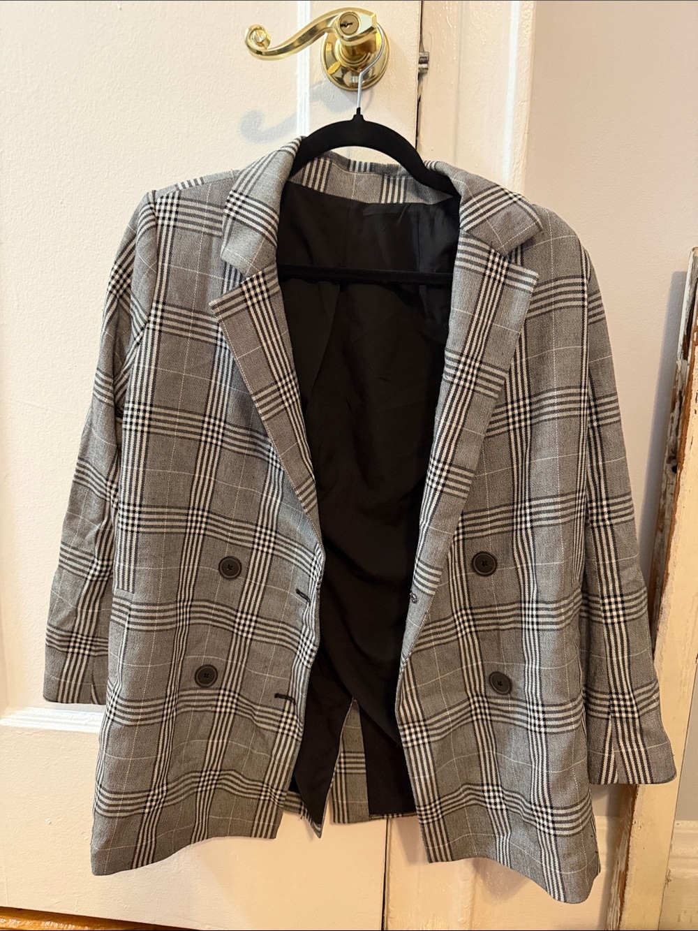 Gray Plaid Double-Breasted Blazer